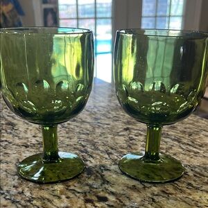 Vintage 1950’s green glass goblets with a "thumbprint" or "coin dot” set of 2